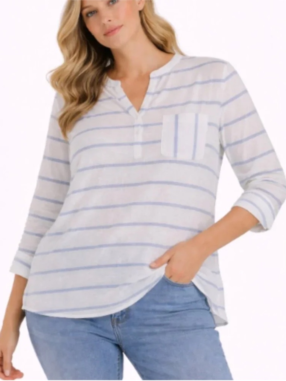 BeachLunchLounge Women’s White & Blue Striped 3/4 Sleeve Top, size Medium